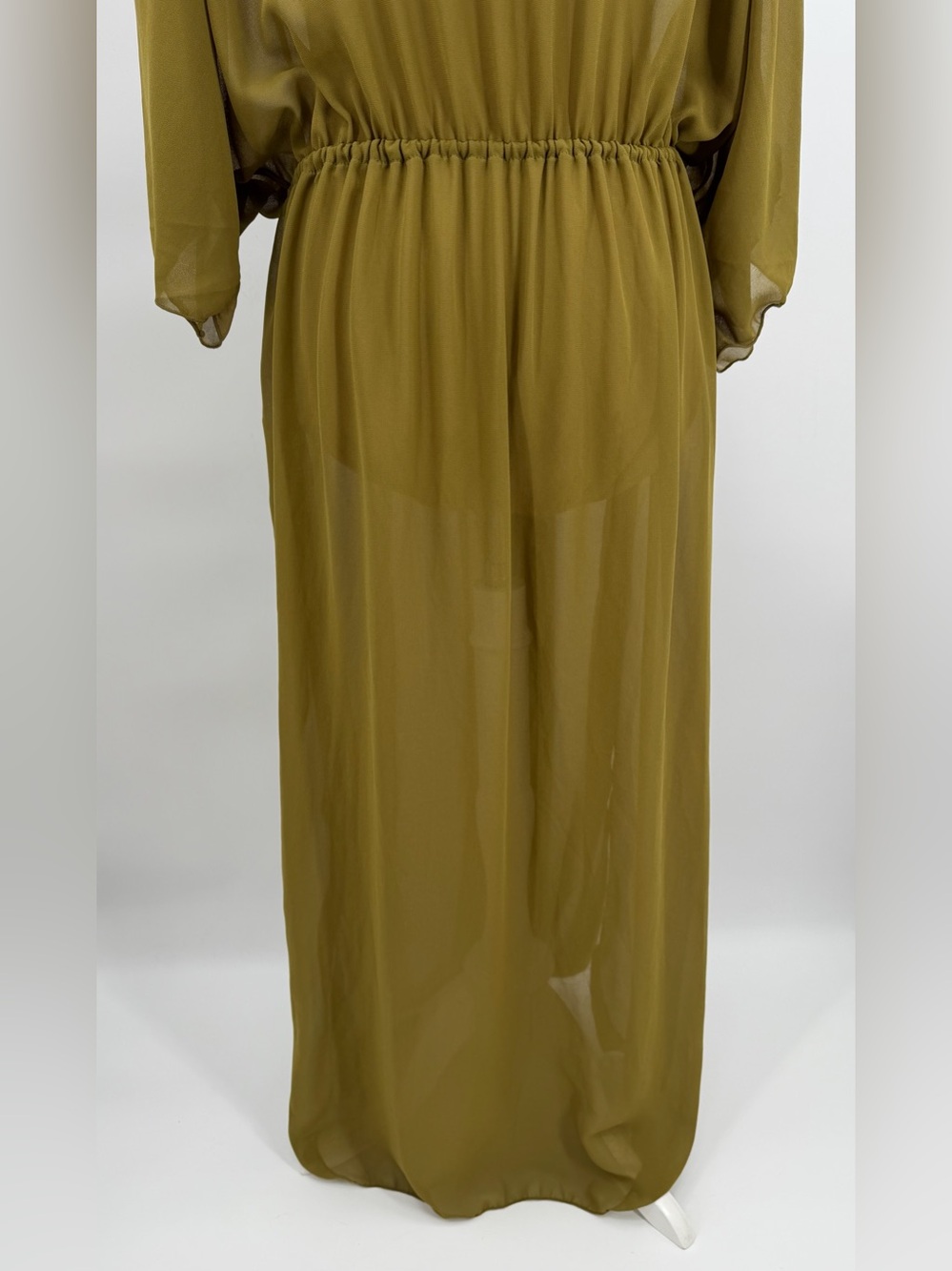 Olive Green Chiffon Maxi kimono Swim Cover Up S Resort Beach vacation flowy - Picture 10 of 12